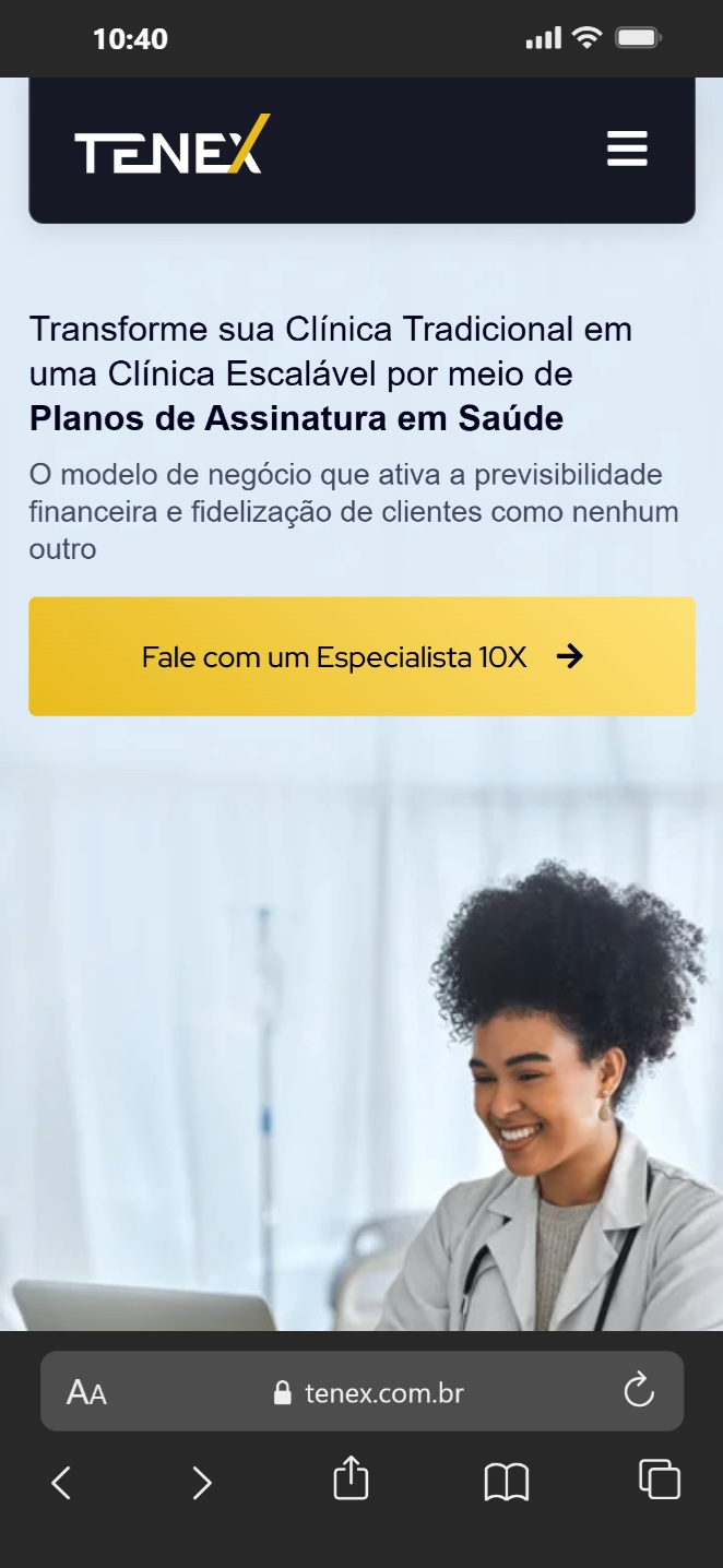 Site atual da Tenex em dispositivo móvel